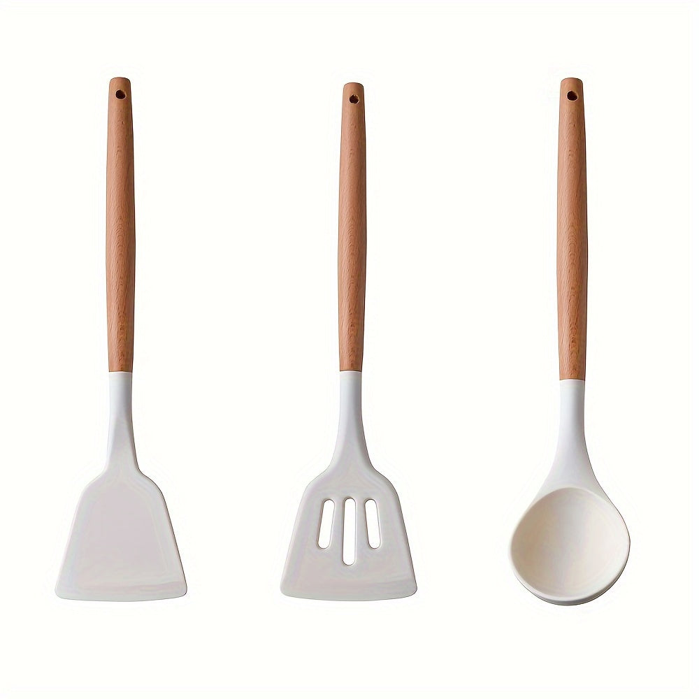 Set of 3 Silicone Kitchen Utensils - Includes Non-Stick, Heat-Resistant Spatulas and Spoons with Wooden Handles for Cooking and Baking