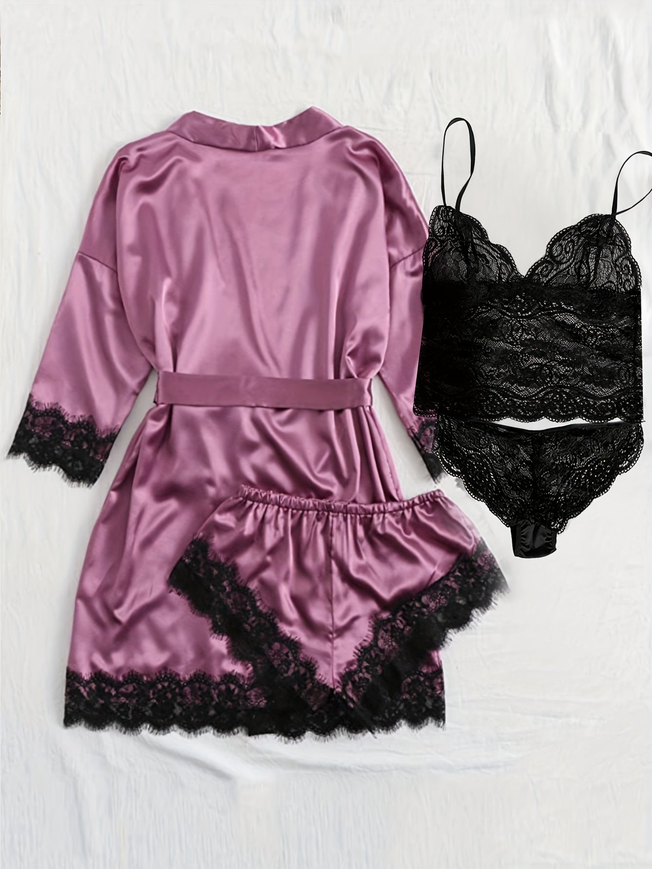 Satin lace lounge set with robe, cami top, and bottoms for women, featuring a sexy and comfortable design.