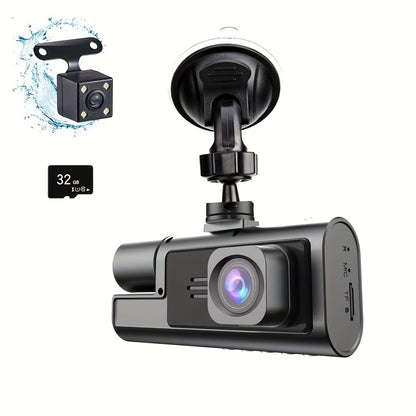 Baideluo three-lens video dashcam records in front and inside the car simultaneously in 1080P HD quality, with night vision and reversing image feature.