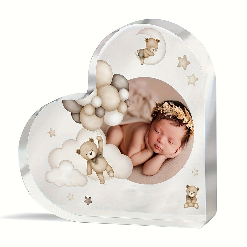 Customizable Acrylic Heart Photo Frame featuring Teddy Bear Design, Perfect for Teens 14+. Makes a Meaningful Gift for Sons and Daughters. Display your precious memories in style!