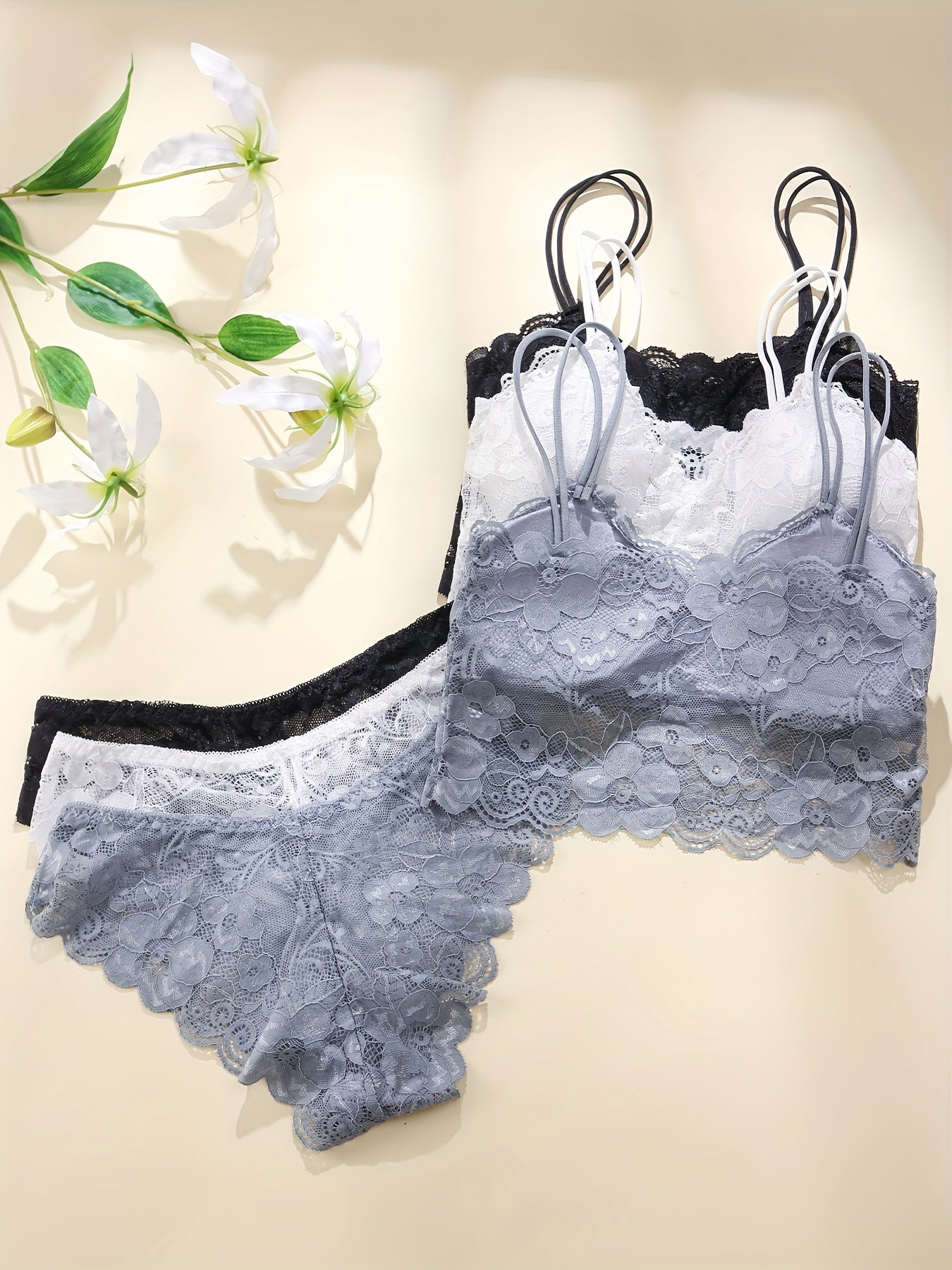 Lace bralette and panty set with removable cups, perfect for teens.