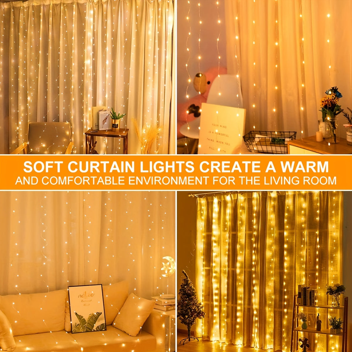 300/200/100 LED Curtain String Lights, 8 Modes, USB Plug In, Copper Wire Lights for Bedroom Window, Halloween, Christmas, Wedding Party.