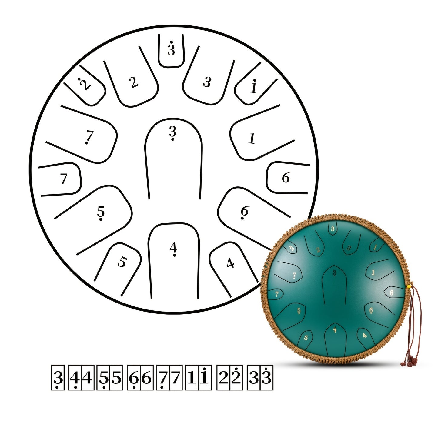 35.56 cm steel tongue drum in D key with mallets, bag, and book for music education and entertainment.