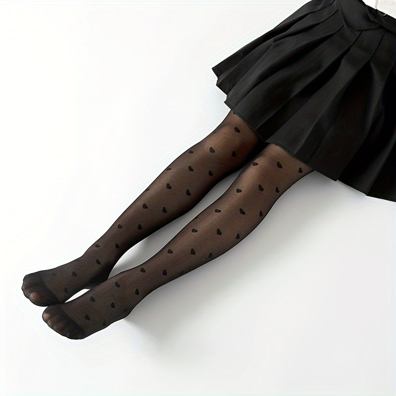 3pc Girls' Heart Pattern Mesh Tights: Stretchy, Breathable Nylon & Spandex Blend