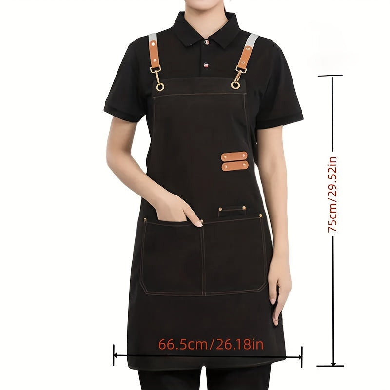 Stay stylish and protected with this chic waterproof canvas apron. Perfect for coffee bars, restaurants, and flower shops, this apron features pockets for convenience. Available in beige, black, or brown with golden-toned buckles, this waist overall is