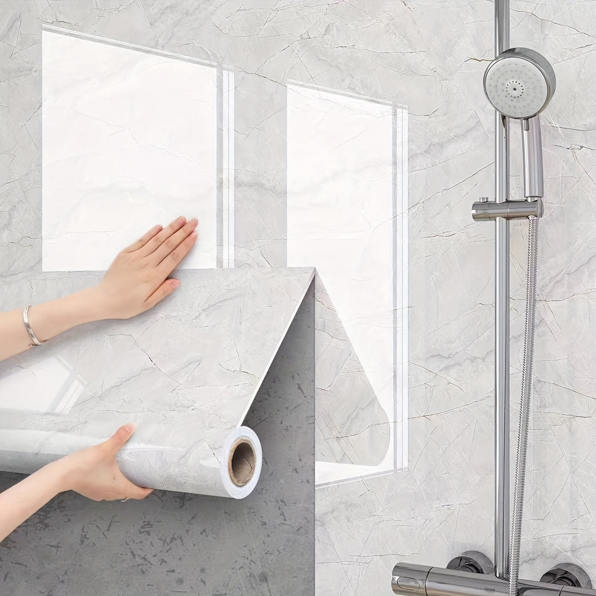 Waterproof wallpaper stickers for bathrooms and kitchens, easy to apply and moisture-resistant. Ideal for toilet and kitchen renovation, with a marble tile design.