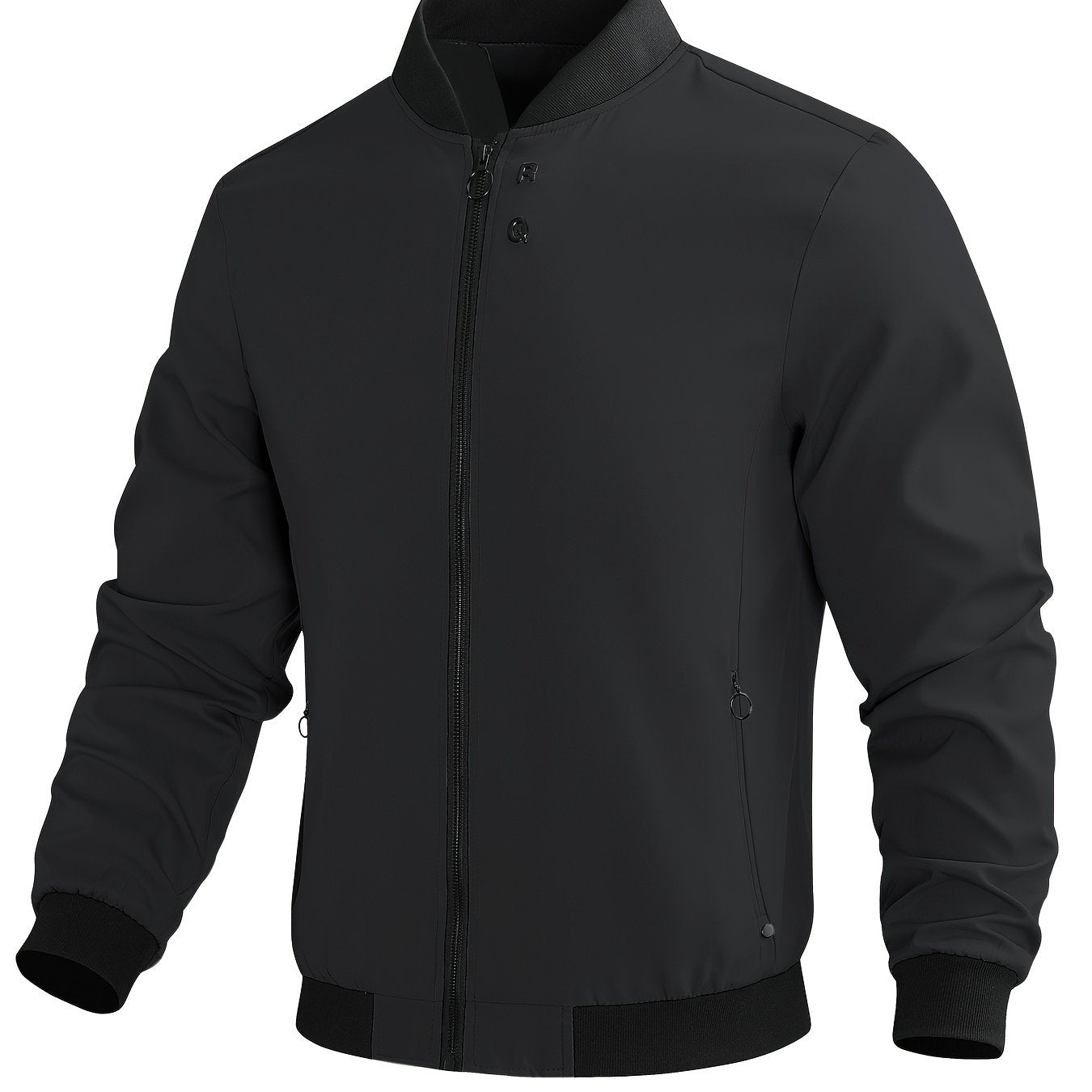 Trendy loose fit windproof jacket for plus size men, with zip closure and solid design.