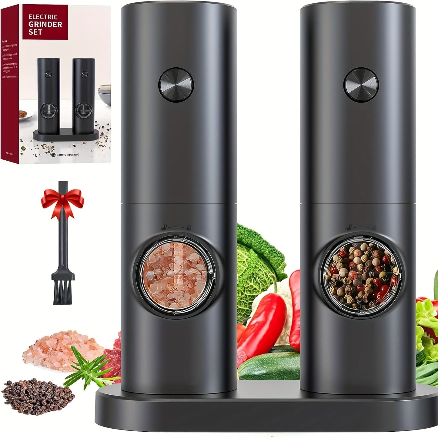 The YumiPLUS Electric Salt & Pepper Grinder Set features automatic operation, adjustable coarseness, and convenient one-handed use. This stylish set also includes an LED light, decorative base, and runs on AAA batteries.