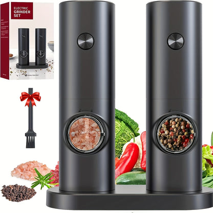 The YumiPLUS Electric Salt & Pepper Grinder Set features automatic operation, adjustable coarseness, and convenient one-handed use. This stylish set also includes an LED light, decorative base, and runs on AAA batteries.