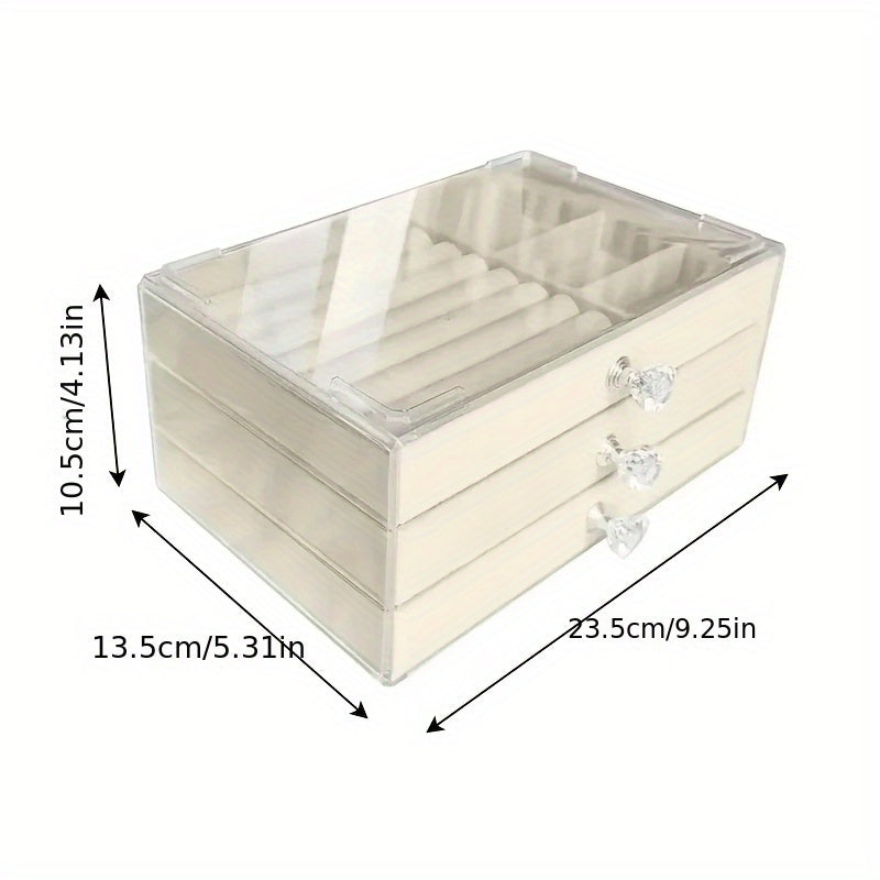 Luxurious Velvet Acrylic Jewelry Storage Box with 3 Drawers, Stackable and Displayable, Ideal for Women's Accessories.