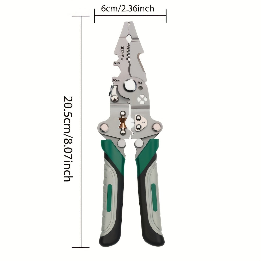 Multi-functional foldable wire strippers designed for electricians, capable of stripping and cutting wires, twisting water pipes, and crimping terminals. Compact for convenient storage and