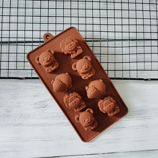 Animal Silicone Mold featuring Hippo, Lion, and Bear shapes for making chocolates, soaps, or cakes. Perfect for DIY baking projects.