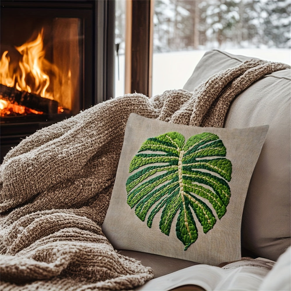 Monstera Leaf Pattern Pillow Cover - 1 Piece, Made of 100% Polyester, Two-Sided Print, Square Shape, Easy to Machine Wash. This decorative cushion case is perfect for your home, office, living room, car, or sofa. Measures 45.72x45.72 cm and does not