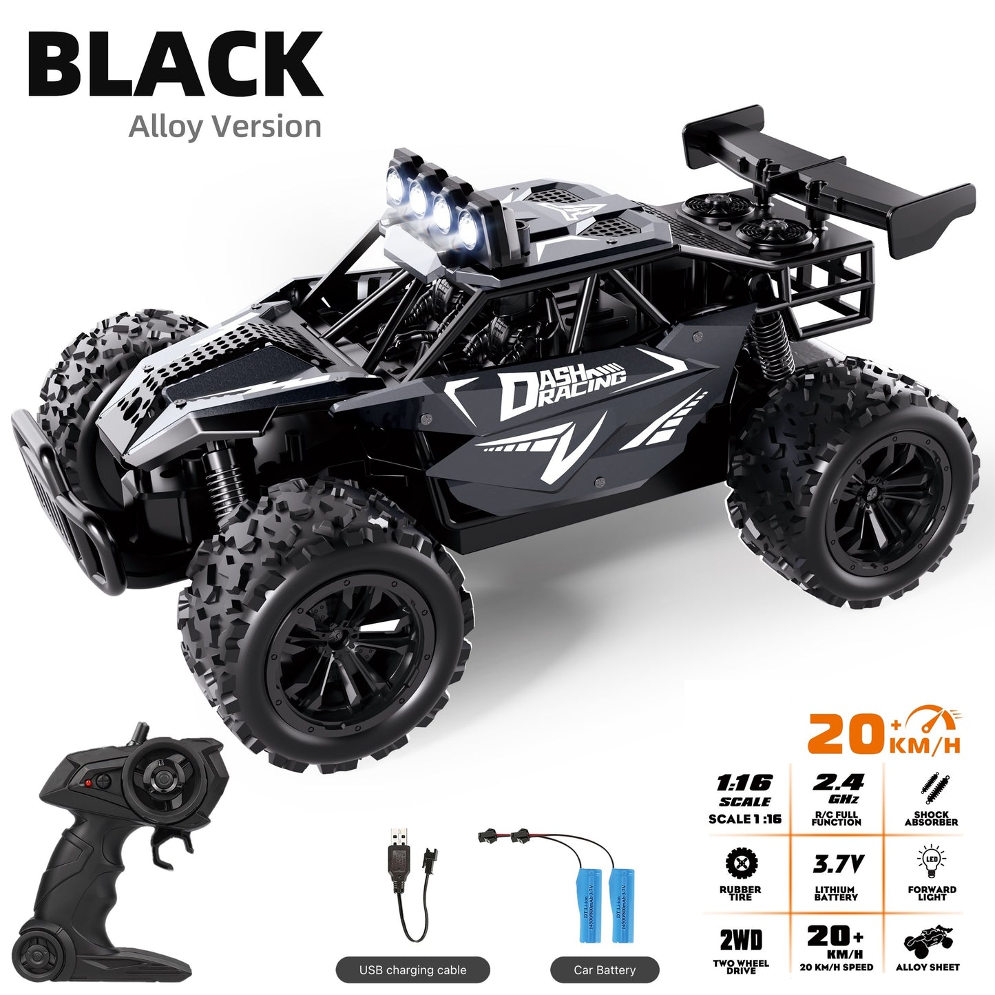 K.K 1:16 Scale High-Speed RC Truck with Alloy Body, Double Battery, and 20 km/h Speed. Includes 2.4G Remote Control in Blue & Black Design. Ideal Gift for Boys and Girls.