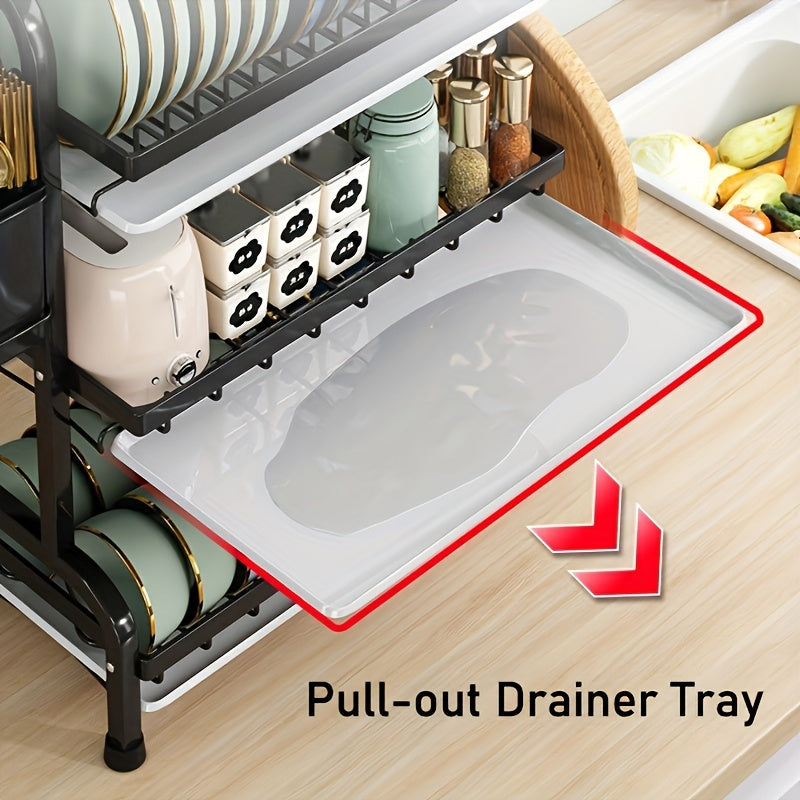 3-Tier Black Dish Drying Rack with Drainboards, Utensil & Cutting Board Holders - Space-Saving Kitchen Counter Organizer.