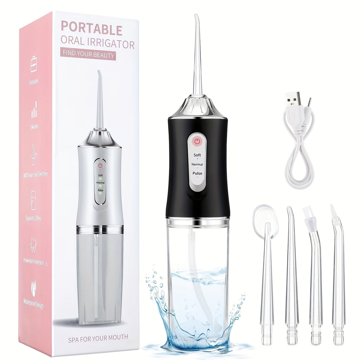 USB rechargeable water flosser for deep cleaning teeth at home with multiple modes.