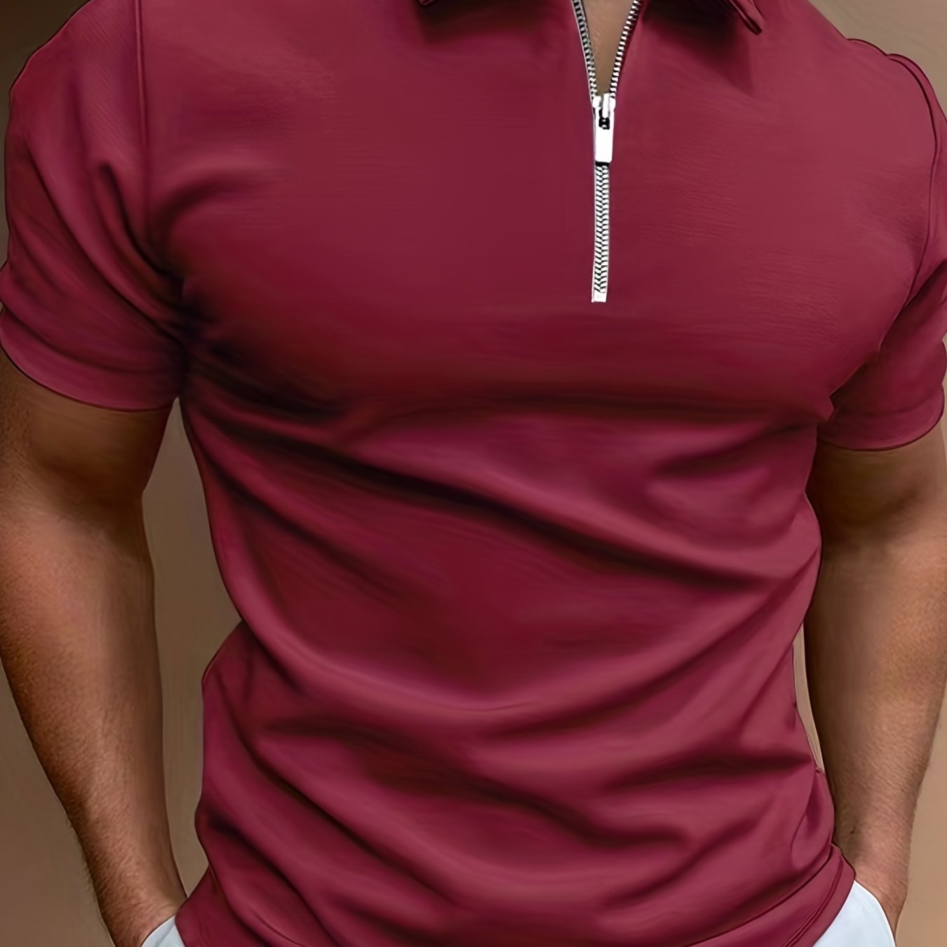 Men's classic white shirt with short sleeves, zipper collar, and stretch polyester fabric - ideal for casual summer style and golf.