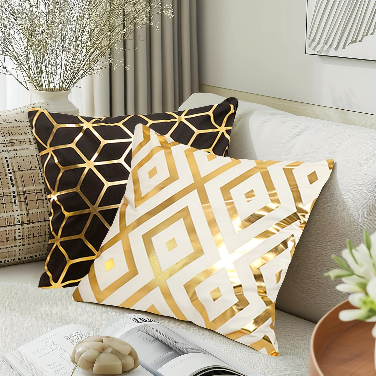 Boho luxury gold plated decorative pillow cover for sofa or bed, cozy modern home decoration, 45.72x45.72 cm.