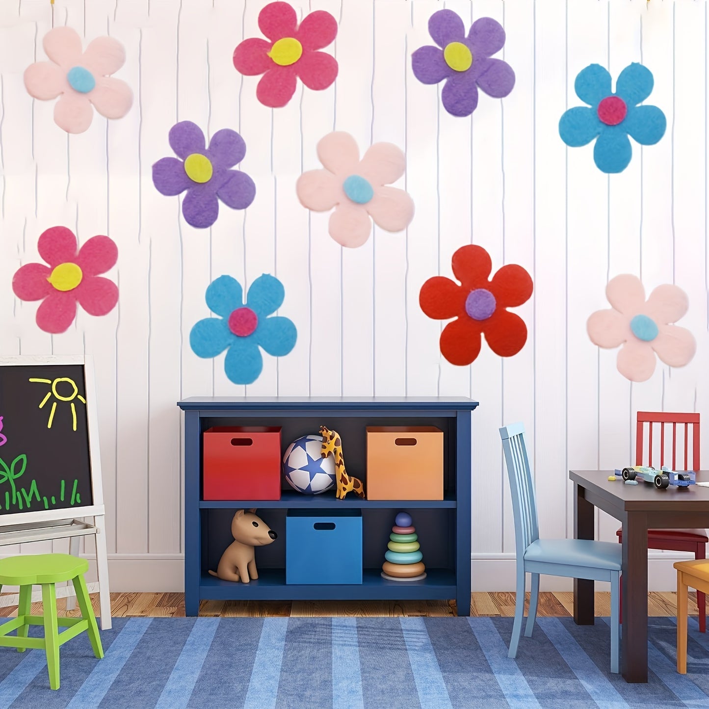 100 handmade felt flowers for DIY crafts and classroom decoration, including vibrant flower patch felt stickers and fabric flowers.