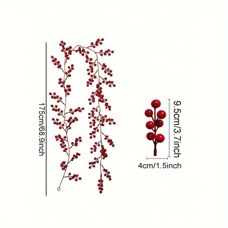 69-inch artificial cranberry vine in plastic red holly, perfect for home, wedding, and Christmas decor. Can be used as a versatile faux berry garland for tables, New Year's celebrations, and engagement parties.