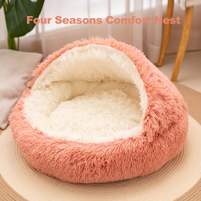 Plush long-haired small animal bed with detachable cover. Round, fluffy and comfortable for cats and dogs. Keeps pets warm in winter, improves sleep quality. Non-slip and foldable support