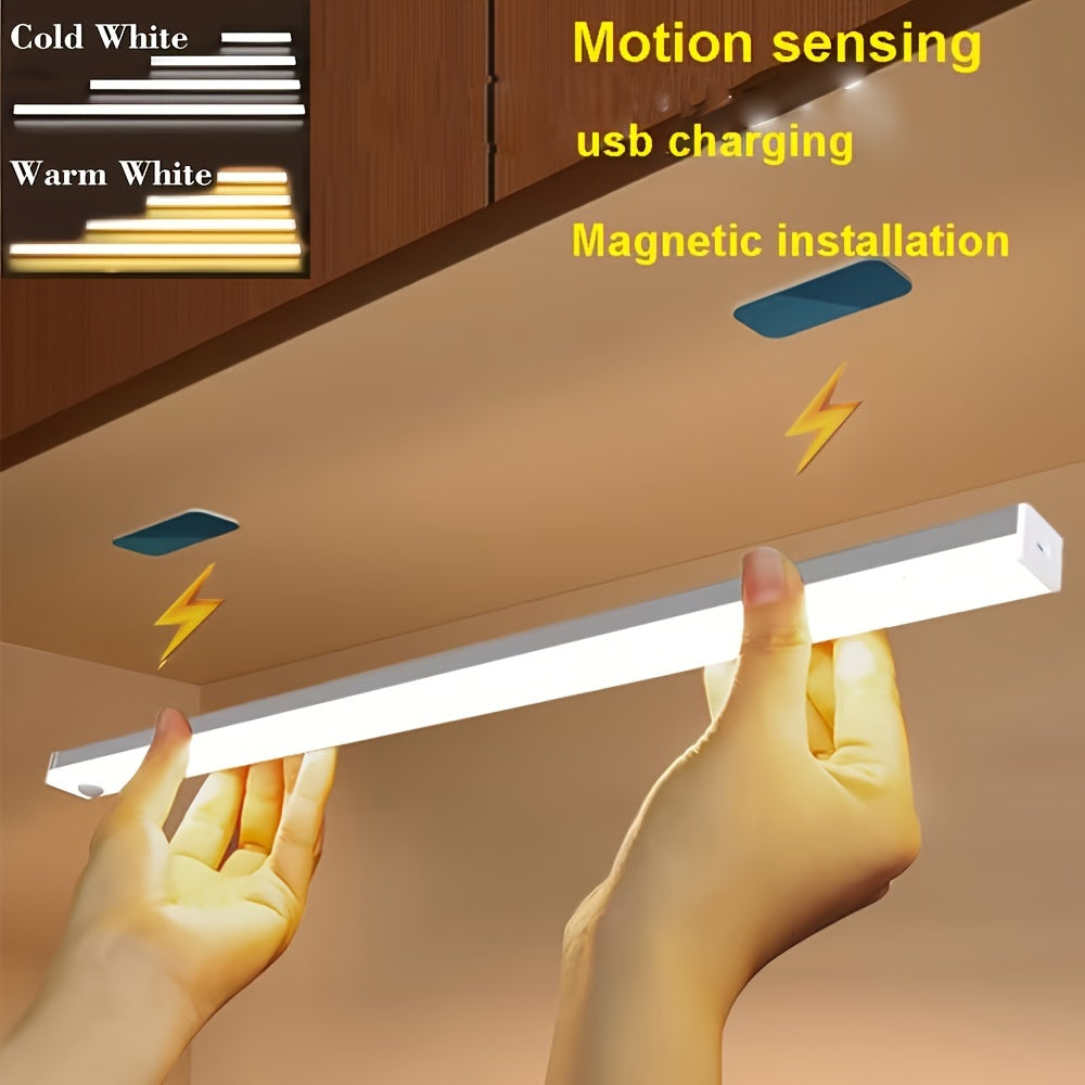 USB rechargeable motion sensor night light with warm and white light options, suitable for under cabinet, kitchen, wardrobe, and more.