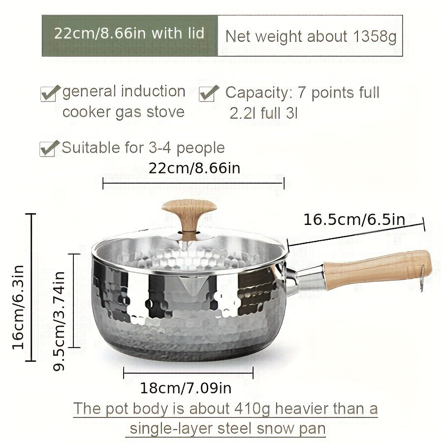 A small soup pot for home use without power supply made of 304 brushed finish stainless steel, featuring a wooden handle and induction compatibility