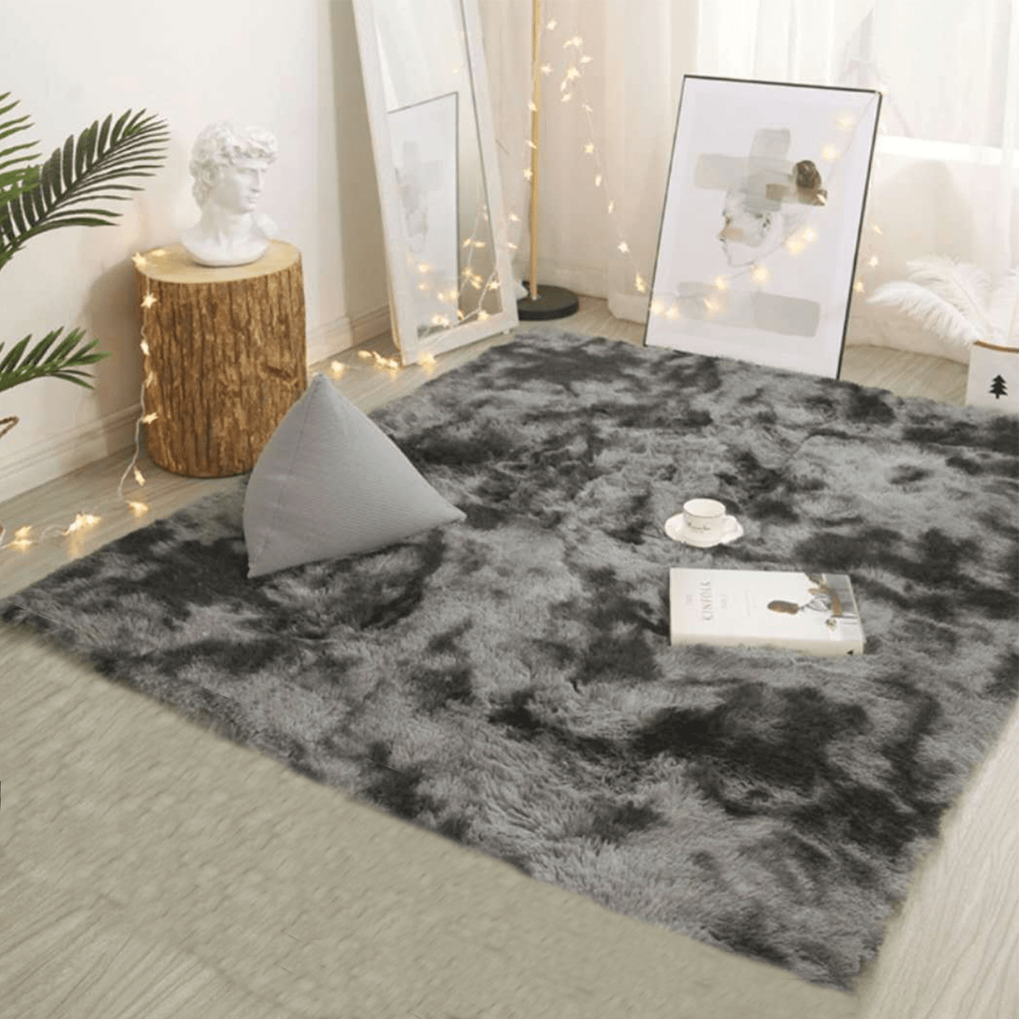 Soft and fluffy gray gradient tie-dye printed carpet rug to enhance the décor of your living room, study, bedside, or bedroom.