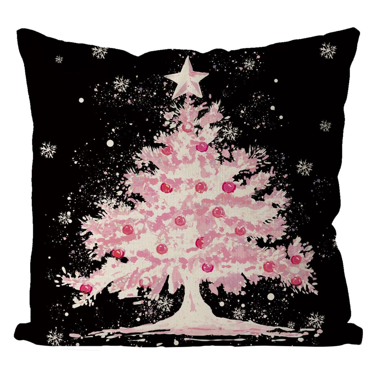 Elegant Black Linen Pillowcase with Chic Christmas Tree Design - Features Single Sided Print, Zip Closure for Convenience, and Versatile Home Decor Option