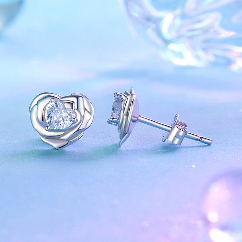 Beautiful Heart and Rose Stud Earrings crafted for Women, made of Hypoallergenic 925 Sterling Silver adorned with Sparkling Cubic Zirconia. An ideal Gift for Valentine's Day, weighing 3.1g, suitable for Daily Wear, perfect for Boyfriend & Girlfriend.