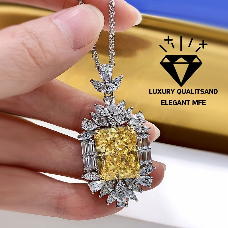 Sophisticated 925 Sterling Silver Pendant Necklace featuring a Radiant Cut Yellow Synthetic Gemstone and sparkling Cubic Zirconia accents. This uncoated piece is a glamorous addition to your everyday jewelry collection. A perfect Valentine's Day gift