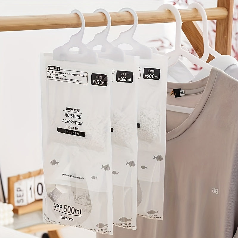 Package includes 10 hanging moisture absorbing bags with 16.91oz desiccant for preventing mold and absorbing moisture. Perfect for use in cabinets and wardrobes. These reusable dehumidification bags are suitable for dormitories and everyday use.