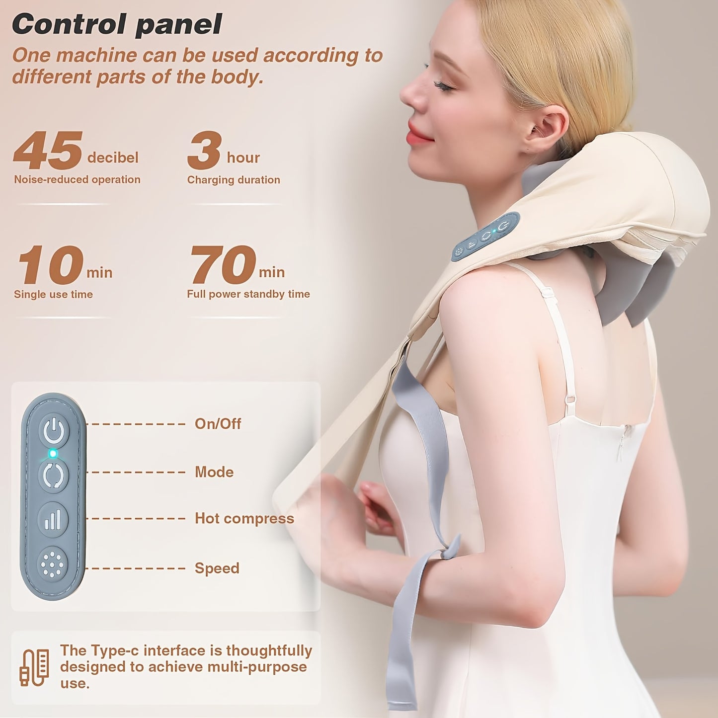 Smart neck and shoulder massager with 6 massage heads, heating function, USB Type-C charging