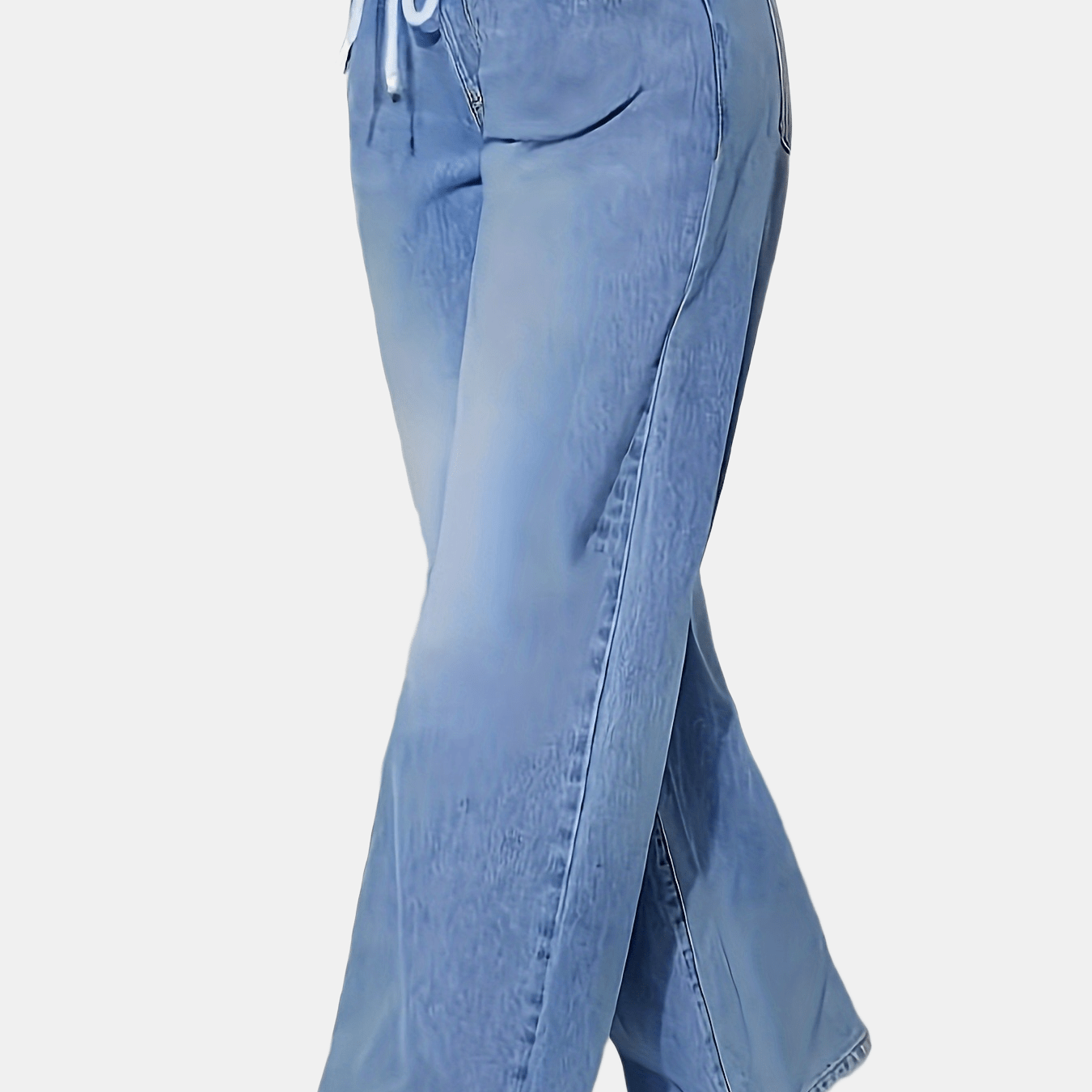 Women's light blue elastic waist drawstring washed stretchy straight-leg wide-leg jeans with slant pockets.