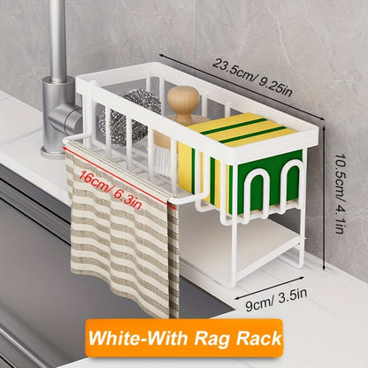 Black and white kitchen sink organizer with towel rack - includes metal sponge holder, dish soap caddy, and self-draining tray, offering versatility.