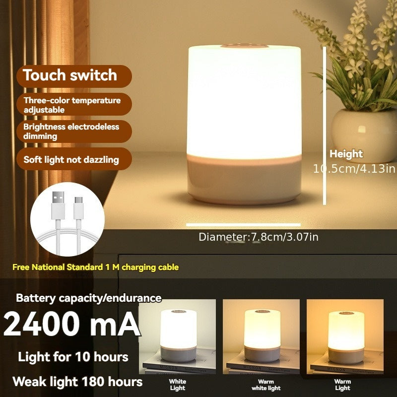 Adjustable LED bedside lamp with USB rechargeable battery. Touch control, 3 color temperatures. Perfect for reading, bedroom, study, living room, camping, and office.