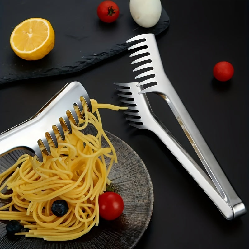 Durable stainless steel pasta tongs for restaurant and home use.