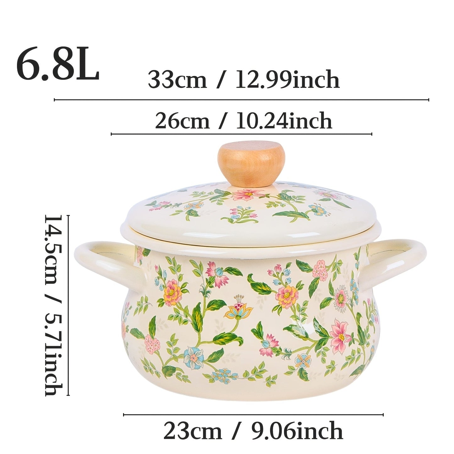 Floral Soup Pot with Enamel Finish and Rolled Edges - Perfect for both Open Fire and Induction Cooktops, Ideal for a Fresh Cooking Adventure