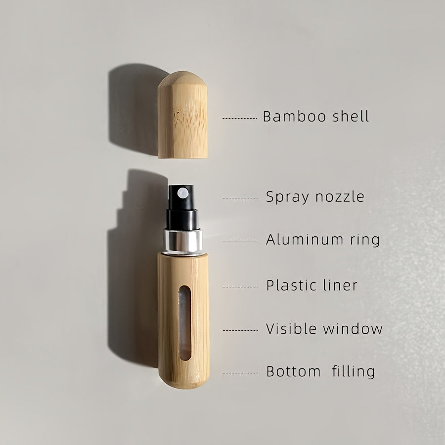 Set of bamboo shell perfume atomizers, refillable spray bottles in 5ml & 8ml sizes. Portable and luxurious fragrance dispensers with visible window, ideal for travel and outdoors.