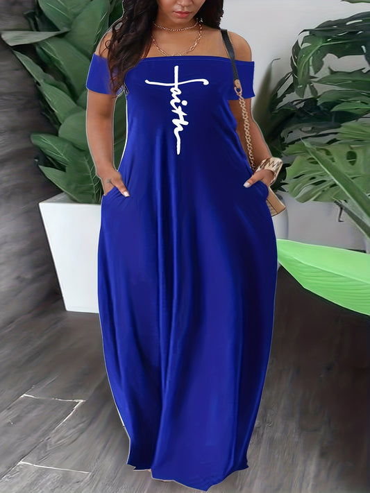 Off-shoulder maxi dress with pockets for plus-size women, featuring a cross letter print.