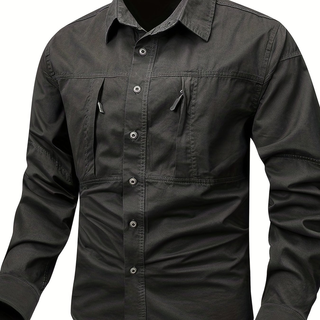 Men's cargo style shirt with unique zipper pocket design, perfect for spring and fall fashion trends.