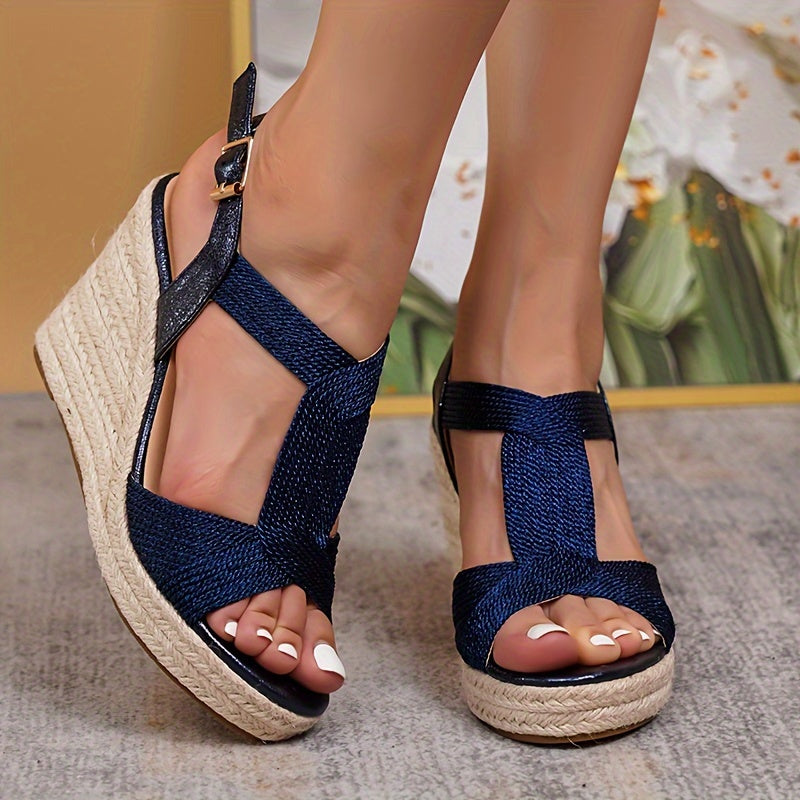 Chic women's champagne metallic wedge sandals with ankle strap, open toe, and espadrille platform heels for summer vacations and daily wear.