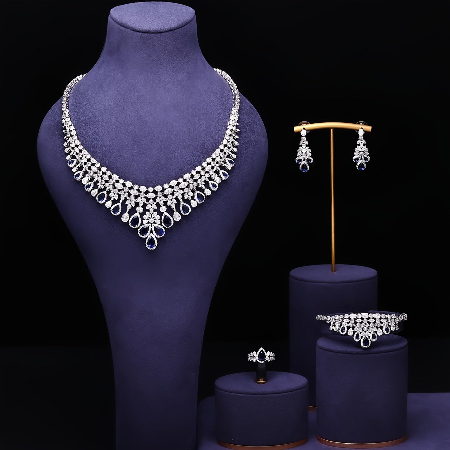 Exquisite Middle Eastern-Inspired Jewelry Collection - Platinum-Plated Copper adorned with Zirconia Details - Perfect for Weddings, Parties, and Ramadan - Includes Necklace, Earrings, Bracelet, and Ring - Timeless Beauty for Every Occasion