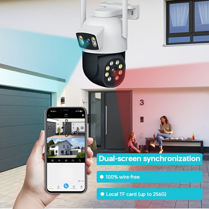 Outdoor WiFi security camera with 360° view, motion detection, color night vision, two-way audio, 1920p resolution, USB powered (no battery required), compatible with wireless 2.4G/5G networks, ideal for home surveillance.