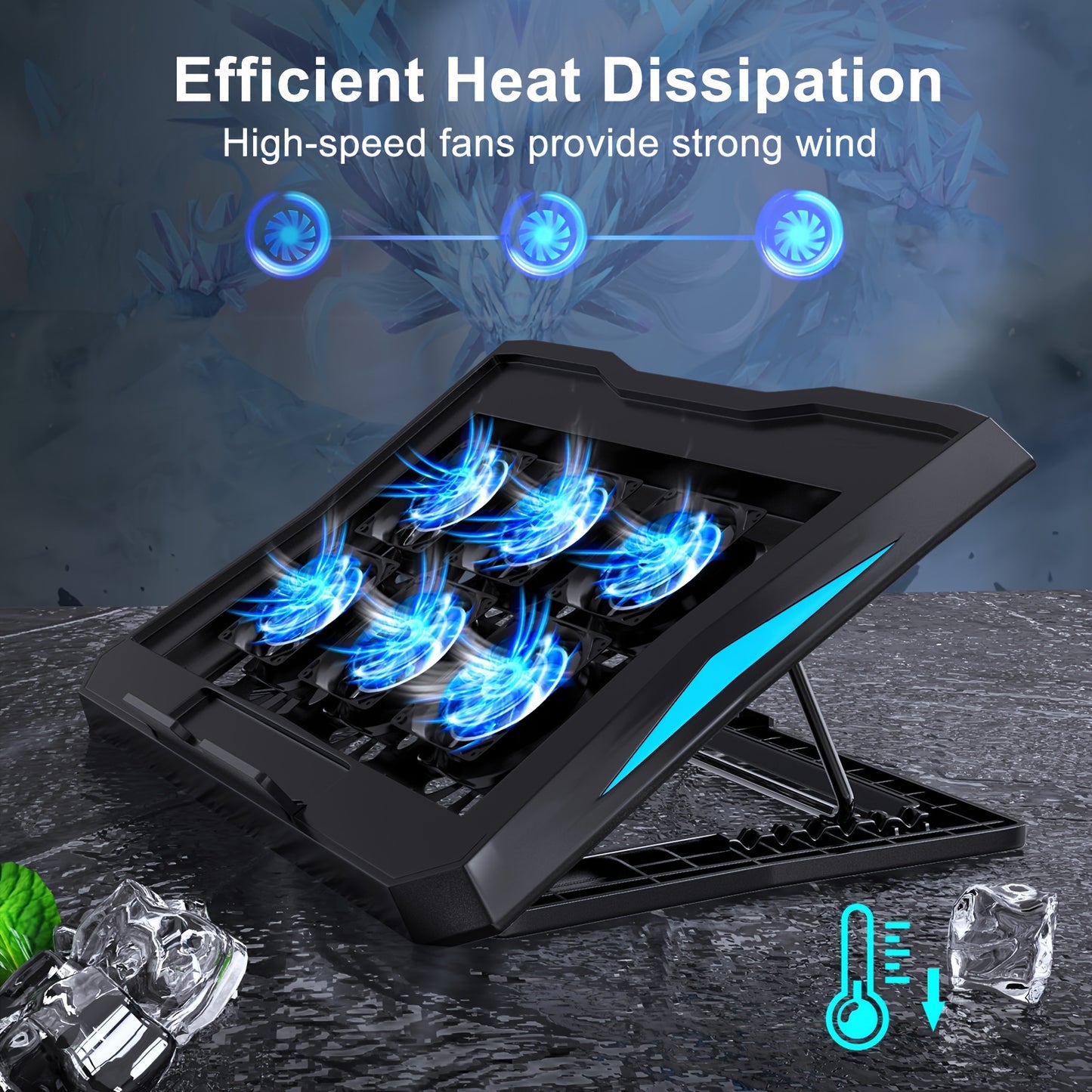 Laptop cooling stand with 6 fans, adjustable height, LED light, USB ports, and metal mesh design for 22.86-39.62 cm laptops.