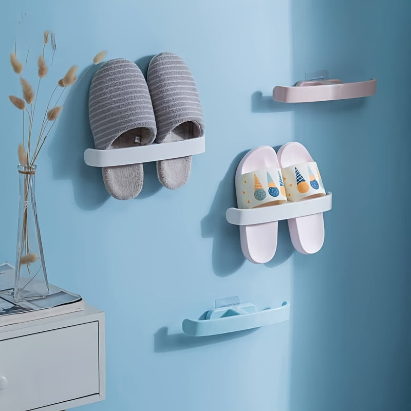 Wall-mounted shoe rack for household use with no need for drilling, suitable for slippers, cotton shoes, and towels in the bathroom, bedroom, living room, or toilet. Multifunctional self-adhesive storage rack for simple storage.