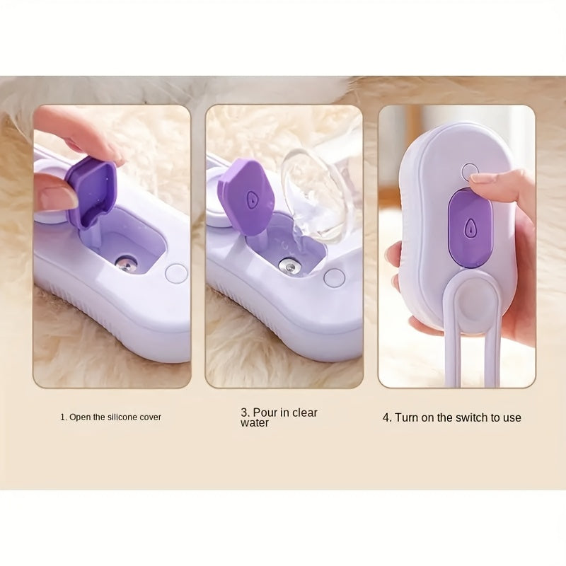 USB rechargeable 3-in-1 steam pet brush for cats and dogs with long and short hair, made of plastic with silicone bristles. Voltage: ≤36V.