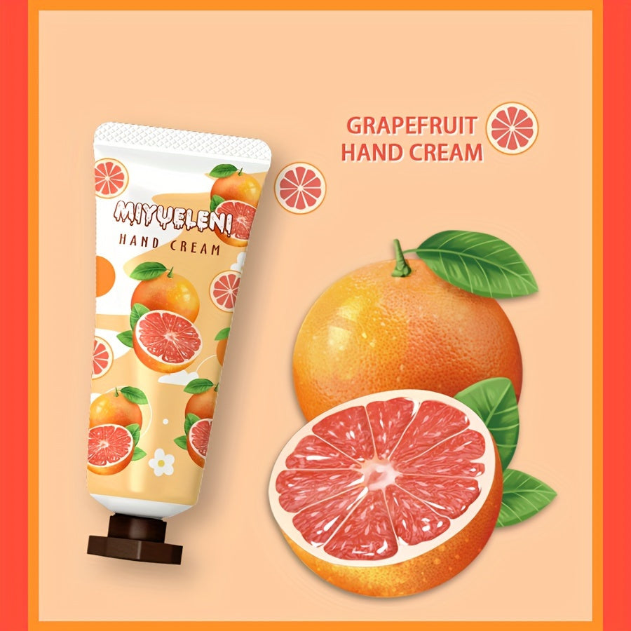 10-piece set of fruit and plant-based hand creams, alcohol-free with vitamin E and glycerin for non-greasy daily moisturizing, ideal for dry skin in fall and winter.