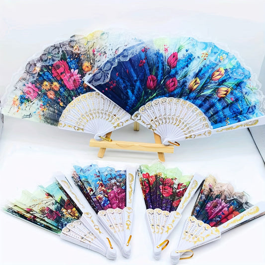 Set of 6 Vintage Lace Folding Fans - Beautiful Floral Pattern, Made with Linen, Ideal for Weddings and Parties