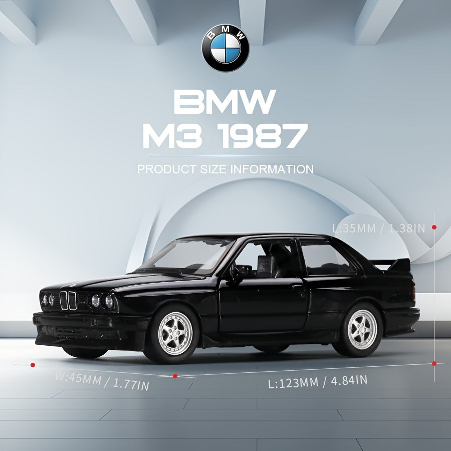 1987 BMW M3 Diecast Model - 1:36 Scale Alloy Toy Car with pull-back action in White/Black, ideal birthday gift for youngsters in winter.